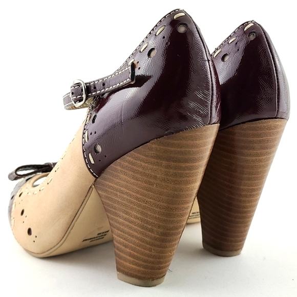 Seychelles  Retro Asterisk Nude Patent Burgundy Peep Toe Mary Jane Heels Size 8 - Picture 8 of 15